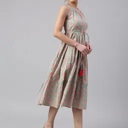 devdham Women Fit and Flare Light Blue, White, Orange Midi/Calf Length Dress image 3