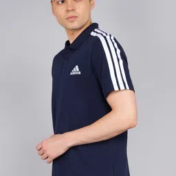 adidas Men Striped Polo Neck Cotton Blend Blue T-Shirt image 3