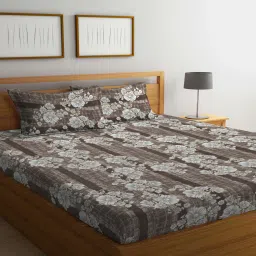 klotthe Brown Floral 300 TC Cotton Blend Double Bedsheet with 2 Pillow covers image 1