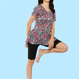 muhuratam Womens Multi-Black Colour Abstract Print Nylon Swim Suit With Cap Self Design Women Swim-dress Multicolor Swimsuit image 5