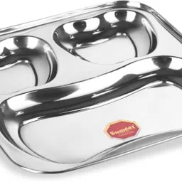 sumeet Stainless Steel 3 in 1 Pav Bhaji Plate / Compartment Plate 24.5cm Dia Sectioned Plate image 1
