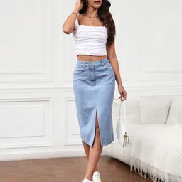 dolsia Women Solid Pencil Light Blue Skirt image 5