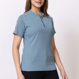 hilfire region Women Solid Zip Neck Cotton Blend Blue T-Shirt image 5