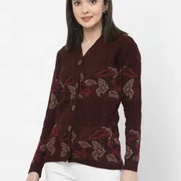 kalt Women Self Design V Neck Maroon Sweater image 3