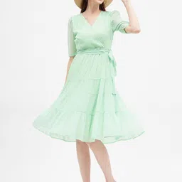 harpa Women Fit and Flare Green Knee Length Dress image 5