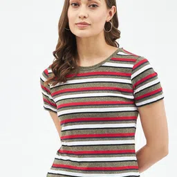 harpa Women Striped Round Neck Pure Cotton Red T-Shirt-picture-14