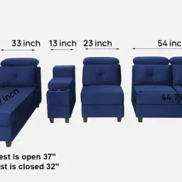 woodsworth from pepperfry Impero Velvet RHS Sectional Sofa (3+ Lounger) in Royal Blue Colour with Adjustable Headrest image 3