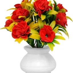 ysartificial Set 4 Artificial Red Rose Flower Plants with White Pot Decorative Flower Pots Red Wild Flower Artificial Flower with Pot image 2