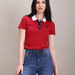 u.s. polo assn. Women Solid Polo Neck Cotton Blend Red T-Shirt-picture-12