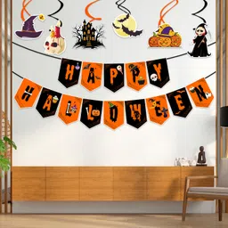 Black, Orange Halloween Party Decorations Items-Banner & Swirls Hanging (Pack Of 7)-image-1