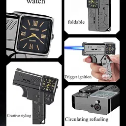 humbig Folding Gun Clock Golden Lighter Red Flame Lighter Mecha Gyro Butane Safety Lock and Adjustable Flame, Butane Torch with Anti-scalding Device Pocket Lighter image 4