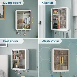 gloxy Storage Cabinet with Hooks for Kitchen | No Drill Self Adhesive Bathroom Shelf White Towel Holder image 5