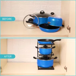 kuber industries Utensil Kitchen Rack 3-Layer Pots and Pans Organiser Rack With Adjustable Pot Lid (Black) Carbon Steel image 2