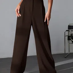 Women Regular Fit Brown Cotton Blend Trousers-image-9