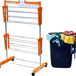 favour Plastic, Steel Floor Cloth Dryer Stand Heavy & Pure Stainless Steel Single Pole 2 Tier Movable Cloth Rack V-420 image 2