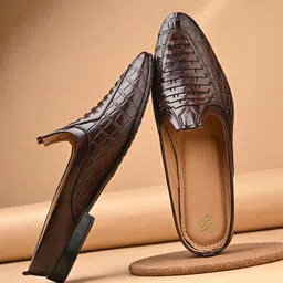 house of pataudi Men Brown Textured Leather Slip-On Loafers with Handcrafted Woven Design Mojaris For Men image 2