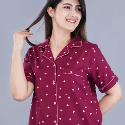 pradhruhe Women Shirt & Pyjama set Maroon Printed image 4