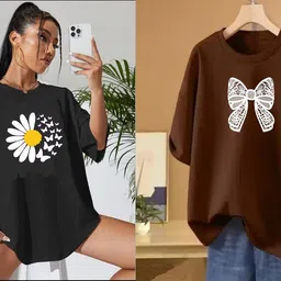 rapturous Pack of 2 Women Printed Round Neck Cotton Blend Black, Brown T-Shirt-picture-18