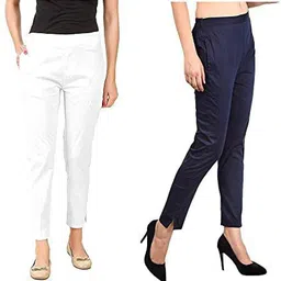 sakhi shine Pack of 2 Women Regular Fit White, Dark Blue Cotton Blend Trousers-picture-29