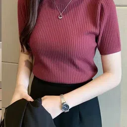 everfab Women Self Design Round Neck Linen Blend Maroon T-Shirt-picture-11