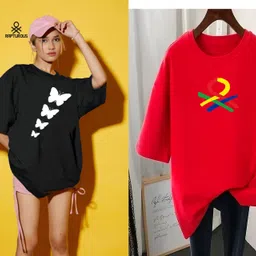 rapturous Pack of 2 Women Printed Round Neck Cotton Blend Black, Red T-Shirt image 1