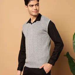 willey Men Self Design V Neck Grey Sweater-picture-10
