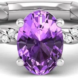 bluejwel February - Amethyst Solitaire Oval Ring with CZ Diamond Accents Sterling Silver Amethyst, Cubic Zirconia Silver Plated Ring image 2
