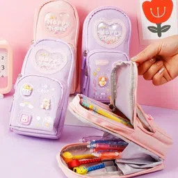 fideo 6 Layer, 3 Compartments, Large Capacity, Cute Aesthetic Design Premium Happy Time Art Polyester Pencil Box image 4
