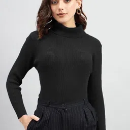 princ trend Women Solid High Neck Polyester Black T-Shirt image 3