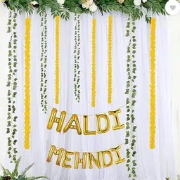 Solid Haldi Mehendi Decoration with White Net, Leaves and Marigold Garlands (Yellow) Balloon-image-17
