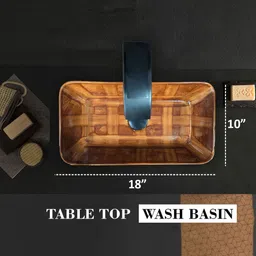 clayramic Branded Ceramic Wodden Washbasin With Waste Coupling & Pipe Set 18x14x5(Wodden 03) Table Top Basin image 4