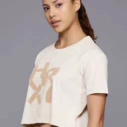 hrx by hrithik roshan Women Printed Round Neck Cotton Blend Beige T-Shirt image 3