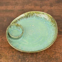 Luxurious Hand Embossed Ceramic Platter with Fixed Dip Bowl Chip & Dip Tray Serving Set-image-65