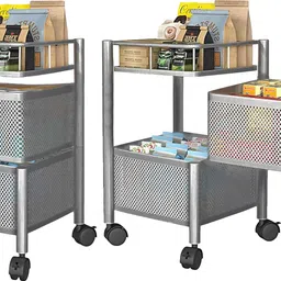 homestic 2-Tier Revolving Multipurpose Storage Rack with Wheels | Silver Iron Kitchen Trolley image 2