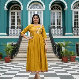 Women Embroidered, Floral Print Cotton Rayon Flared Kurta-image-0