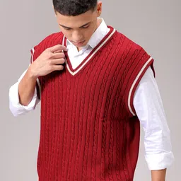 the indian garage co. Men Self Design V Neck Maroon Sweater image 3