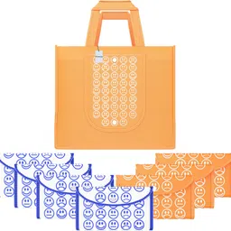 homestic Pack of 8 Smile Foldable Grocery/Shopping Bags For Women | Orange & White Blue Pack of 8 Grocery Bags image 1