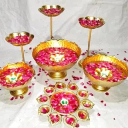 nw creations Taj Urli Floating Flower Set | Hammered Taj Set With Stand Iron Decorative Platter-picture-37