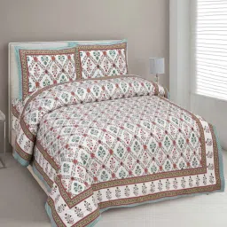 Turquoise Floral 144 TC Cotton King Bedsheet and 2 Pillow Cover by UniqChoice image 1