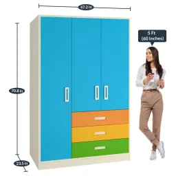 adona Fiona Kids 3 Door Wardrobe in Azure Blue Finish image 3