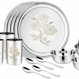 tannu craft Pack of 16 Stainless Steel Floral Heavy Gauge Laser Design Dinner Set Dinner Set-picture-38