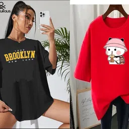 rapturous Pack of 2 Women Printed Round Neck Cotton Blend Black, Red T-Shirt image 1