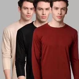 sym Pack of 3 Men Solid Round Neck Polyester Multicolor T-Shirt-picture-13