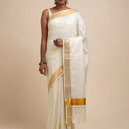 TEEJH Striped Zari Cotton Kasavu Saree-image-24