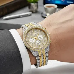 Realbuff Men's Luxury Gold Chronograph Watch – Fully Iced Out Design Analog Watch - For Men & Women Chrono gold stainless steel men &woman analog quataz watch-picture-11
