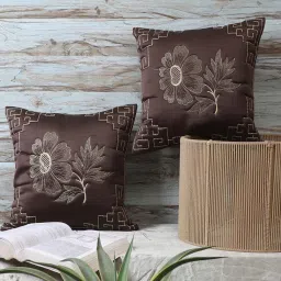 mfd home furnishing Brown Satin Floral 16x16 inches Cushion Covers (Pack of 2) image 1