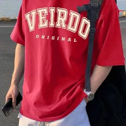 veirdo Oversized Men Printed, Typography Round Neck Pure Cotton Red T-Shirt-picture-38