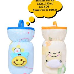 the little lookers Soft Plush Stretchable Baby Feeding Bottle Cover with Easy to Hold Strap | Suitable for 120ml | Cute Animated Overall Print Pack of 2 (Yellow & Blue, Narrow Neck 120ml/4OZ)-picture-15