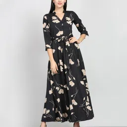 tokyo talkies Women Fit and Flare Black, Beige Maxi/Full Length Dress-picture-40