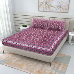 patricko Pink Traditional 144 TC Cotton Double Queen Bedsheet With 2 Pillow Covers image 2